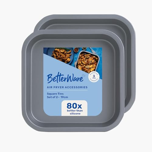 BetterWare Air Fryer Accessories Set of 2 x 19cm Square Tins | Non-Stick Low Carbon Steel | Dishwasher & Freezer Safe | Compatible with Most Air Fryers | Ideal for Cooking, Roasting & Baking