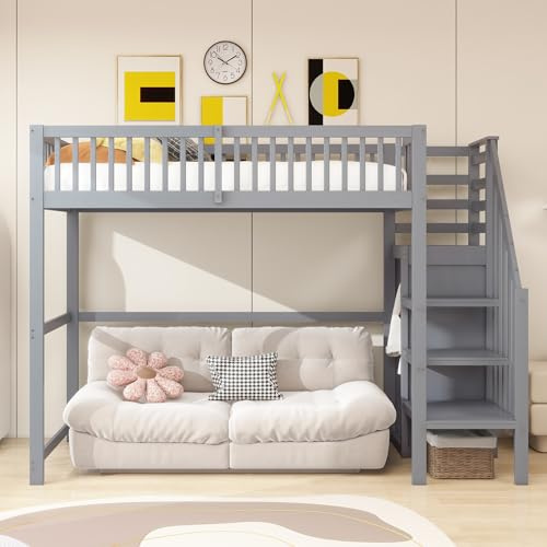 Kinderbett 90x200 Hochbett mit Treppe und Kleiderschrank, Etagenbett Einzelbett mit Rausfallschutz und Lattenrost, Holzbett Stauraumbett Jugendbett Bettgestell Funktionsbett, ohne Matratze, Grau