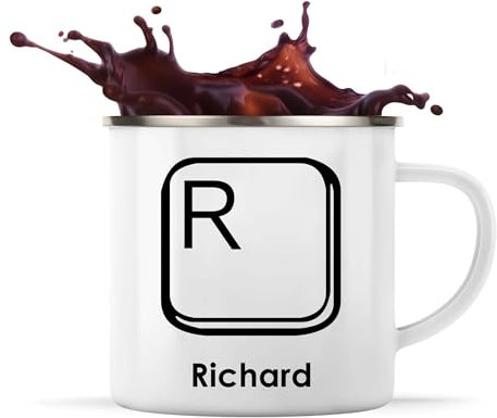 Planetee Tasse Métal Richard Lettre Clavier | Mug Émaillé | Idée Cadeau Prénom Informaticien Geek Gamer Anniversaire Oncle Parrain Beau Papa Collègue Départ Retraite Noël