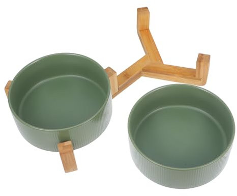 GRIRIW Ceramic Elevated Cat and Dog Food Bowls with Wooden Stand, Non-spill Matte Green Double Bowls Set for Pets, Suitable for Feeding and Drinking