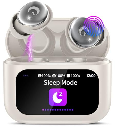 Auriculares Inalámbricos con Pantalla Táctil LED, 48H Auriculares Bluetooth 5.4 HiFi Estéreo, Mini Auriculare para Dormir con Cancelación de Ruido, IP7 Impermeable Cascos Inalambricos Bluetooth Beige