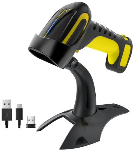 Tera Barcode Scanner kabellos 2D QR mit Ständer: Pro-Version Batteriestandsanzeige 2500mAh Industrietauglicher Barcode-Leser kompatibel mit Bluetooth 2.4G für Windows Mac Android iOS 8100 Gelb