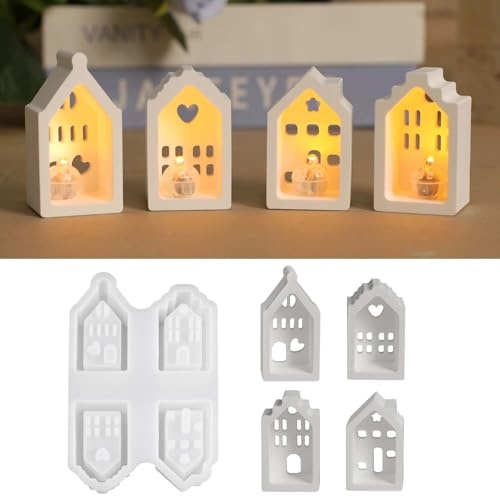 EPODA 4 Stück 3D Silikonform Haus Gießformen Häuser Kerzenhalter Weihnachten Gips Gießen Giessformen Silikon DIY