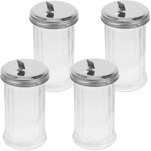 Tarro de Condimentos de Cocina 330ml de Vidrio y Acero Inoxidable 4 Piezas | Dispensador de Pimienta, Salero y Pimentero, Recipientes para Especias con Tapa, Fácil de Llevar