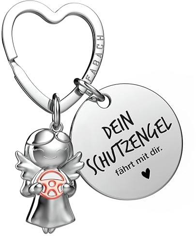 FABACH Fahr vorsichtig Schutzengel Schlüsselanhänger mit Lenkrad und Gravur - Auto Engel Glücksbringer - Führerschein Geschenk für Autofahrer