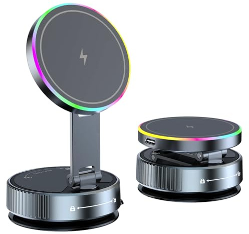 Vakuum Magnetischer Handyhalterung Auto für Mag-Safe Autohalterung, 15W Wireless Charger Handyhalterung Auto Magnet für iPhone 16 15 14 13 12, 360° Drehbar, Regenbogen Leuchtlampe