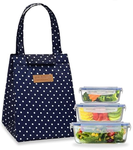 DIFLAX Bolsa Térmica, Lonchera Reutilizable, Bolsa Isotérmica, Bolsa de Almuerzo, Para Trabajo, Escuela, Picnic, Plegable, Negro con Puntos