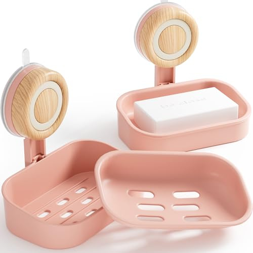 2 Stück Seifenschale mit Ablauf - Doppelstöckiger Seifenhalter mit Saugnapf, Wandmontage & Bohrfrei, Selbstentwässernde Seifenschale für Dusche, Badezimmer und Küchenspüle (Rosa)