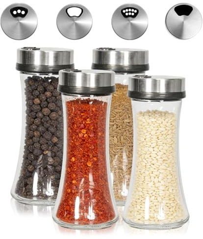 Henrrida 4er-Pack 200 ml Gewürzgläser aus Borosilikatglas mit Schraubverschluss und 3-Loch-Ausgießer aus Edelstahl, perfekt für Küche, Grillen, Kochen und Gewürzaufbewahrung