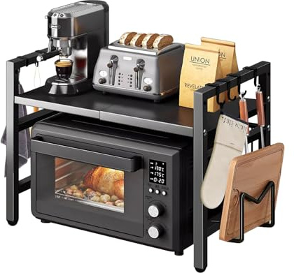 UBRAVOO Adjustable Microwave Oven Rack with Hooks, 100 kg Capacity, Space-Saving Kitchen Shelf with Storage Organizer (Deep Black)