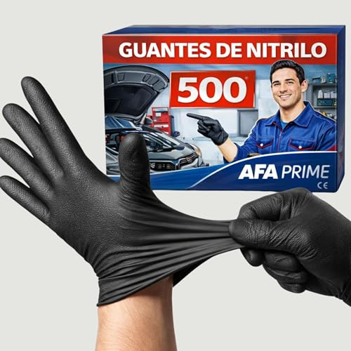 AFA Prime Gants jetables en nitrile noir – Professionnels jusqu'à 10,4 grams Triple résistance | Double diamant même avec huile | Gants de travail pour atelier, industrie, nettoyage (500, Negro, L)