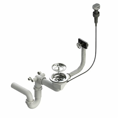 QLS Sifón automático para un fregadero 3 1/2 cromado | Diseño compacto de PVC e inox con conexión para lavavajillas o lavadora, kit de montaje y juntas