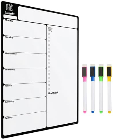 A4 Magnetic Whiteboard Fridge Weekly Calendar Planner | Family meal planner, kitchen Memo board, 4 drywipe markers