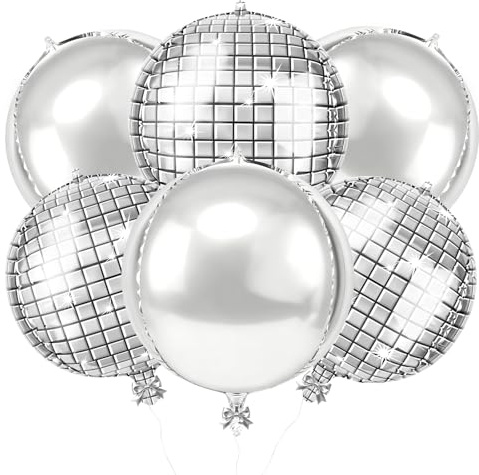 Alaoo 6 stycken iriserande luftballonger, silver, folieballong, stora 4D runda skimmerande folieballonger, heliumballong för kvinna, födelsedag, boho, bröllop, konfirmation, förlovning, festival
