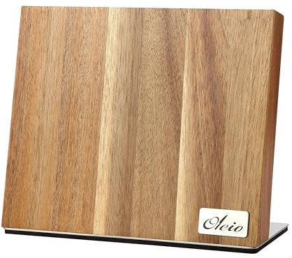 Oleio Magnetischer Messerblock - Küchen Organizer aus Akazienholz mit Magnetleiste für bis zu 6 Messer - Edelstahlsockel & rutschfester Unterlage - 3,8 cm stark Messerblock ohne Messer - Messerständer