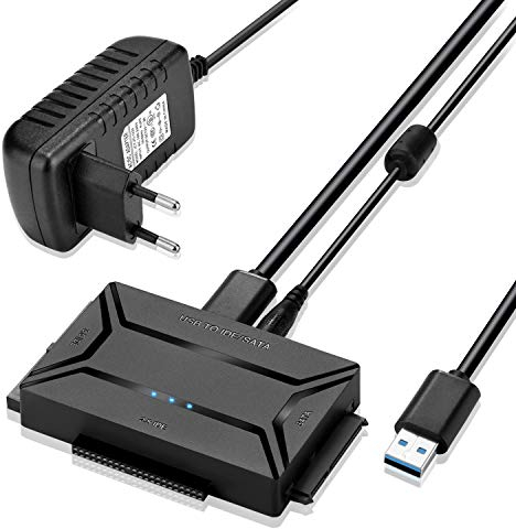 AGPtek USB 3.0 zu IDE/SATA Konverter, Festplattenadapter mit Power-Schalter für 2.5/3.5 SATA/IDE/SSD Festplatten, Unterstützt 4TB, Inklusive 12V 2A Stromadapter & USB 3.0 Kabel - MEHRWEG