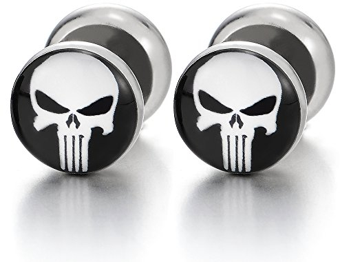 Edelstahl Schwarz Weiß Punisher Schädel Ohrstecker Herren, Fake Plugs Ohr Cheater Tunnel Gauges Ohr-Piercing, 1 Paar
