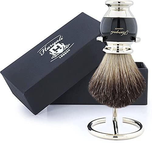 Haryali Hand montiert Sophist Collection Black Dachshaar Rasierpinsel mit Deutsch Edelstahl Drahtständer.