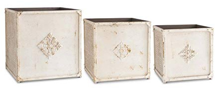 K&K Interiors Set of 3 Antiqued Cream Square Metal Planter Boxes with Chicken Wire
