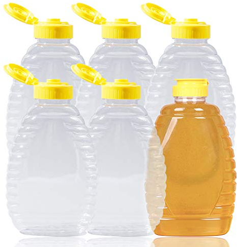 Lainrrew 6 barattoli per miele da 350 ml, bottiglie di plastica trasparenti vuote, dispenser per miele con tappo a prova di perdite, per conservare ed erogare (340 g)