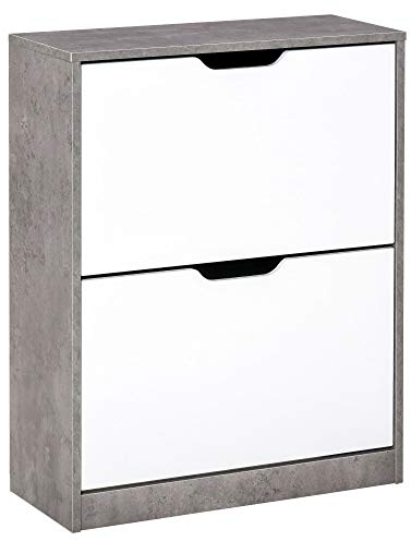 HOMCOM Mobile Portascarpe, Scarpiera Salvaspazio Bassa a 2 Ante per 8 Paia di Scarpe, Arredamento Moderno, Grigio e Bianco, 62.5x26x81cm