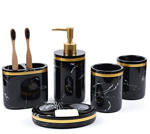 XUDREZ Ensemble d'accessoires de salle de bain, ensemble de salle de bain de luxe noir en 5 pièces, motif marbre, accessoires de salle de bain, porte-brosse à dents, distributeur de lotion, tasses