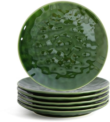 vicrays Keramiska middagstallrikar, set, 25 cm, set med 6, rund, mikrovågsugn, ugn, diskmaskinssäker, repbeständig, porslin räfflad lämplig för biff, pasta, pizza, hem, fest, grön