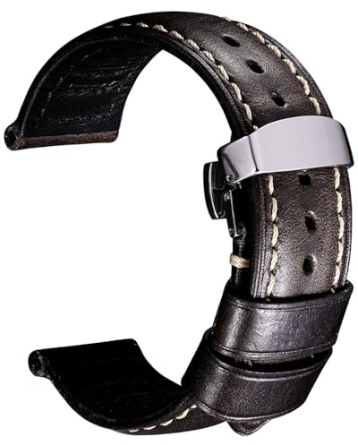 REZERO Vintage Lederarmband, Dickes Ersatzband - Schmetterlingsschließe | Ersatzarmband für Herren & Damen | Inkl. Federstege | Hardware aus 316L Edelstahl | Größen: 18/19/20/21/22/23/24/26mm