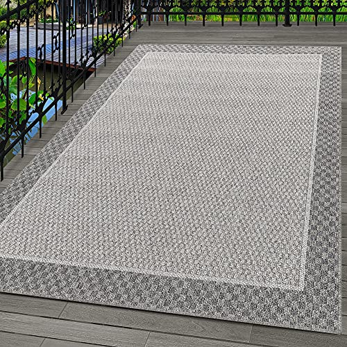 Carpetsale24 In- & Outdoor Teppich 160x230 cm, Wetterfest & Robust, Flachgewebe mit Modernem Bordüren-Design in Grau & Creme, Rechteckig für Terrasse, Balkon, Küche, Bad & Wohnzimmer