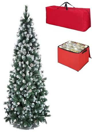 Totò Piccinni Albero di Natale Artificiale NOEL, Folto, Effetto Realistico, Rami a Gancio, Facile Montaggio, PVC, Ignifugo con Borsone (180 cm, Slim Punte Innevate e Pigne)