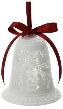 Hervit Campana Porcellana Traforata Bianca Biscuit con Natività, Nastro di Raso Rosso e Scatola Regalo - 3 Dimensioni 3 Lavorazioni - Decorazione Albero Natale Addobbi Natalizi - Regalo Natale - 12cm