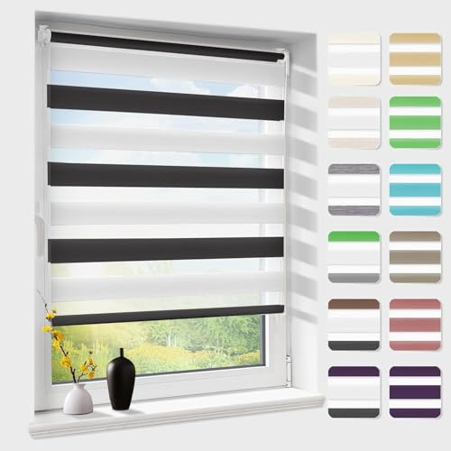 Doppelrollo klemmfix ohne Bohren, Duo Rollos für Fenster & Tür mit Bohren, Weiß Schwarz B95 x H130cm (Stoffbreite 95 cm), Fensterrollo lichtdurchlässig & verdunkelnd, Klemmrollo Sonnenschutz