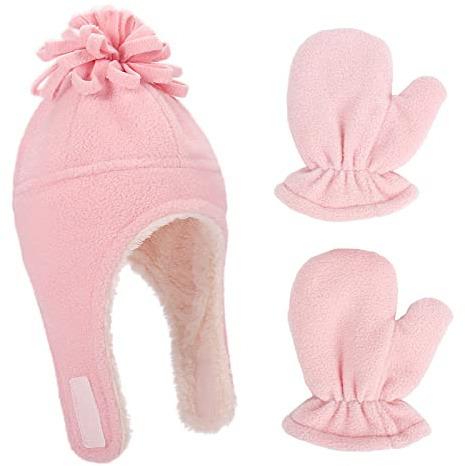 LACOFIA Bonnet en Molleton Chaud pour Bébé Fille Ensemble Chapeau et Moufle de Pilote d'hiver à Oreillettes pour Enfants Rose 3-10 Ans