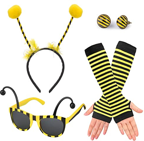 HOWAF 4stk Bienen Kostüm Damen, Bienen Haarreif Biene Bienenantenne, Brille, Fingerlose Handschuhe, Biene Ohrringe für Bienenkostüm, Halloween Karneval Fasching Kostüm Cosplay Party