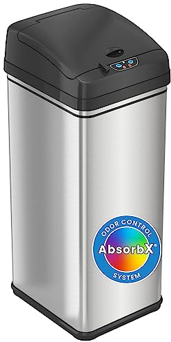 iTouchless 13 Gallon Stainless Steel Kitchen Trash Can with AbsorbX Odor Filter System, Powered by Batteries (not Included) or Optional AC Adapter (Sold Separately)