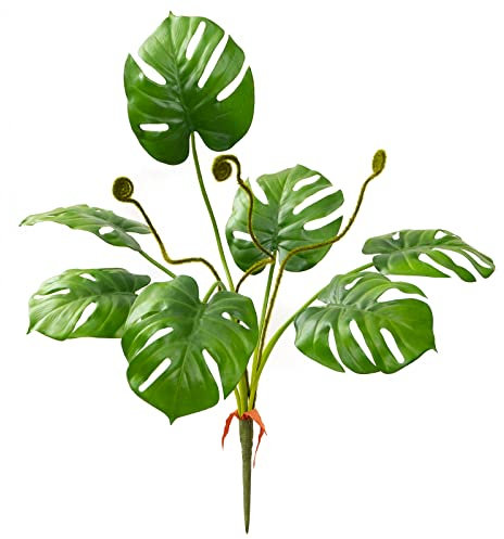 CXGS Hojas de palma de Monstera tropicales artificiales de tacto real, hoja de tortuga sintética con tallos, hojas de palma falsa ajustables, tallos de helecho para jarrón, arreglo de fiesta