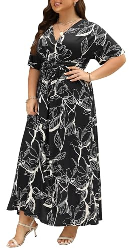 Keluummi Maxikleider für Hochzeitsgäste in Übergröße für kurvige Frauen, Sommer-Boho-Blumenmuster, langes Wickelkleid, 3/4-Ärmel, Empire-Taille, 03 - Black Floral, 50 Mehr