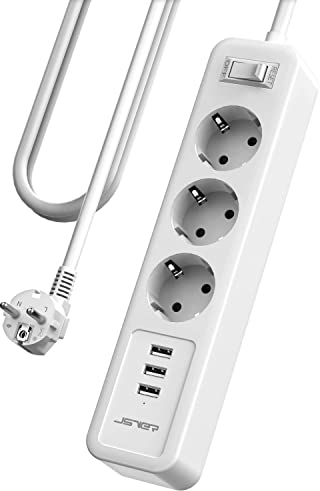 JSVER Enchufe USB 3m con 3 Puertos de USB y 3 Tomas (3680 W/16 A) Alargador Regleta Enchufe Viajar Alargador Multiple con Interruptor Carga para iPad iPhone Tablets Cable 3m-Blanco