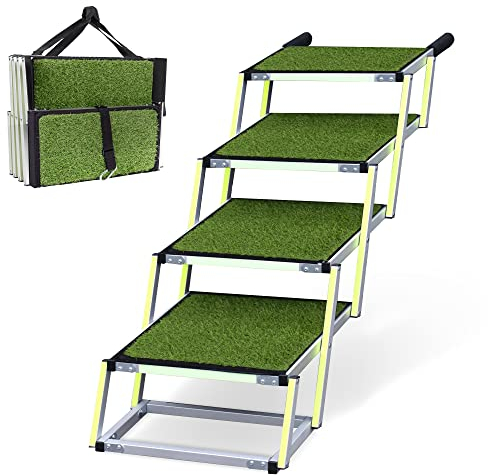 Hundetreppe Auto Klappbar - Hundetreppe Große Hunde - Anti-rutsch Kunstrasen Einsatz - Leuchtende Leitmarkierung - Gelenkschonende Einstiegshilfe Auto Hund - Hundeleiter Faltbar - Zu 77kg - 4 Stufen
