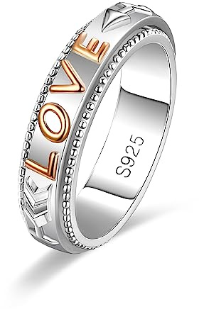 MYBELLNA Ring Damen 925 Sterling Silber, drehbarer Anti-Stress-Ring | Fidget Spinner Ring mit goldfarbenen Herzen und Unendlichkeitszeichen, Bicolor Design, Geschenk für Frauen