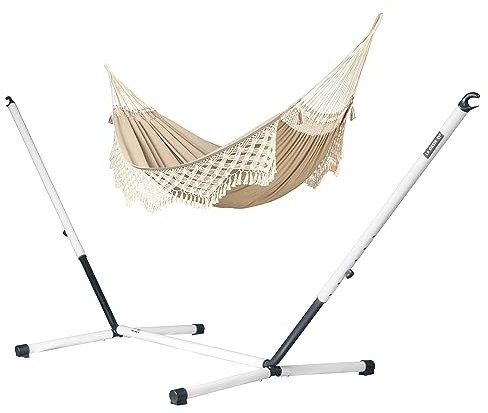 LA SIESTA® Bossanova Bio-Baumwoll Hängematte & Stahlgestell - Indoor Outdoor Hängematte für 2 Personen, Boho Hängematte mit Gestell, Hängematte mit Ständer für Balkon Terrasse - Kingsize, Muscade