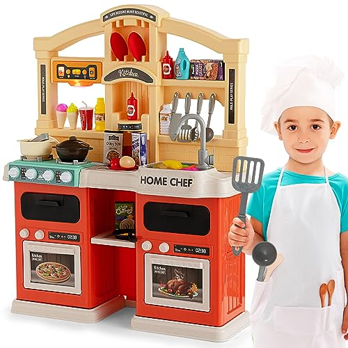 GOPLUS 69 TLG. Kinderküche Set, Kinderspielküche mit Lichtern und Sound, Musik, Dampf- und Kochgeräuschen, Spüle mit fließendem Wasser, Spielküch mit Herd Öfen für Kinder ab 3 Jahren (Orange)