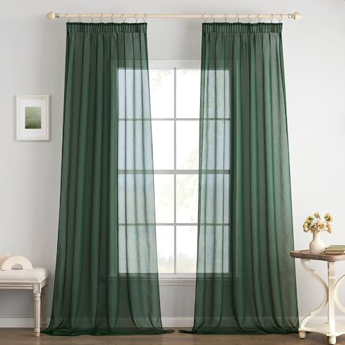 EMEMA Gardinen Vorhang mit Kräuselband 2er Set Sheer Voile Dunkelgrün Vorhänge Stores Transparente Gardine für Schienensystem Wohnzimmer Luftig Dekoschal für Schlafzimmer 140 X 225cm(B x H)