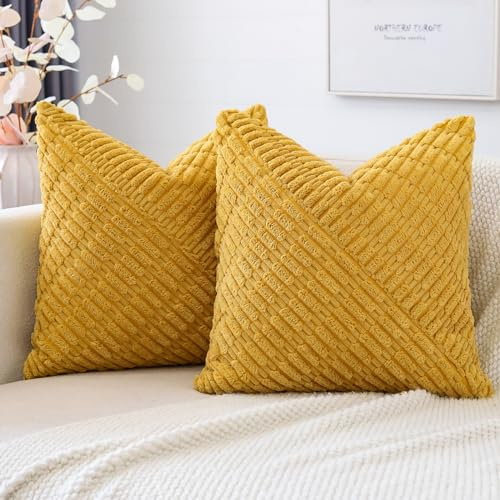 JOTOM 2er Set Kordsamt Kissenbezüge, Dekorative Weich Boho Kissenbezug Moderne Patchwork Kissenhüllen Sofakissen Dekokissen Zierkissenbezug für Wohnzimmer Schlafzimmer Deko (50x50cm, Senfgelb)