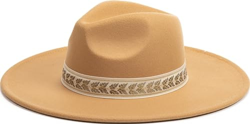 Fashion You Want Damen Filzhut Fedora Hut breite Krempe Festival Karneval OutfitBoho Band Fedora Breite Krempe Reisen Cowboy Hut Filz Rancher Wollhut Vintage Panama Hüte (Blätter Camel)