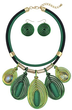 JHWZAIY Chunky African Jewelry Statement Necklace For Women Tribal Fashion Costume Earring Set Unique Rhinestone Crystal Gold Wire Wrapped Big Wood Pendent Collar Choker Bib Handmade (green)