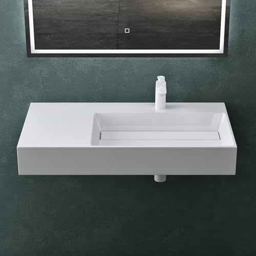Mai & Mai Waschbecken 100x48x13cm aus Mineralguss Weiß | Aufsatzwaschbecken Hängewaschbecken Waschtisch Waschplatz ohne Überlauf Becken rechts Colossum12