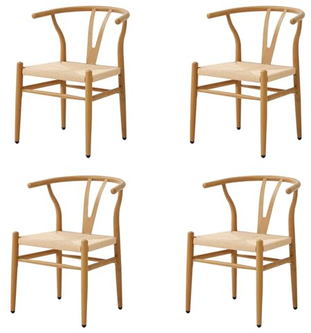EGOONM Set med 4 moderna rottingstolar med metallben (oringinal träfärg)