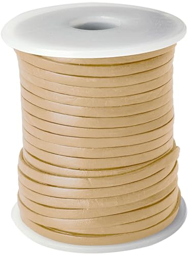 esnado cordoncino di cuoio piatto | Larghezza 3 mm, Spessore 1 mm | Lunghezza: 10 metri | Colore: Crema | Vero cuoio - conciato vegetale | per lavori manuali | produzione di gioielli