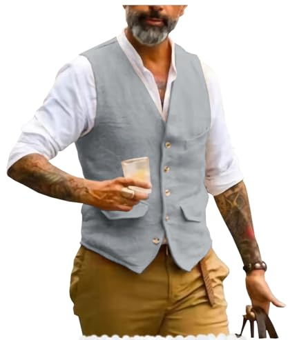 AeoTeokey Herren Sommer Leinenweste Anzug Weste V-Ausschnitt Vintage Formal Mode Weste Regular Fit(Hellgrau,XL)